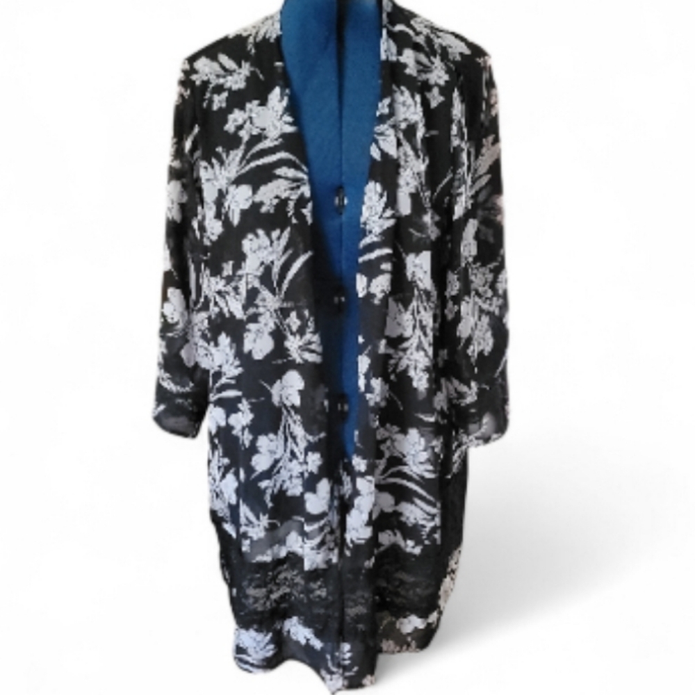 Floral Kimono Cover Black White Lace